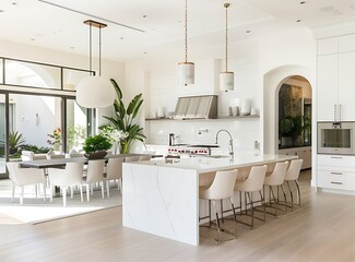 White kitchen with island and barstools