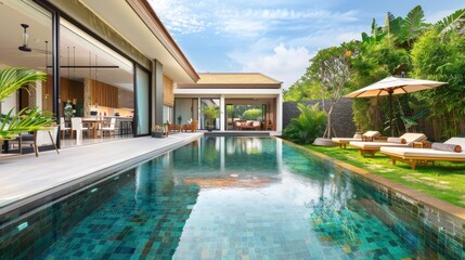 Fototapeta premium real estate luxury exterior design pool villa with interior design living room home, house ,sun bed 