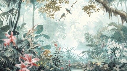 Vintage wallpaper of dense jungle in pastel colors, illustrating songbirds and pandas in the background, oil painting. 