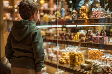 Child contemplating the display of chocolates in the window of a pastry shop. International chocolate day.