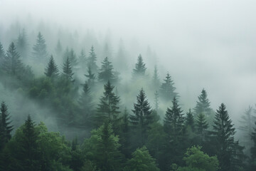 Serene and atmospheric foggy forest scenery showcasing dense trees shrouded in mist, perfect for tranquil backgrounds and natural beauty concepts. Photo