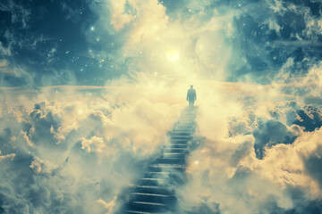 Symbolic representation of a person ascending a stairway to heaven through heavenly clouds, evoking themes of spirituality, afterlife, and faith in God. Photo