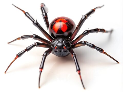Macro shot of Latrodectus dahli black widow spider, a medically significant arachnid with shiny black body and red hourglass shape, isolated on white background.