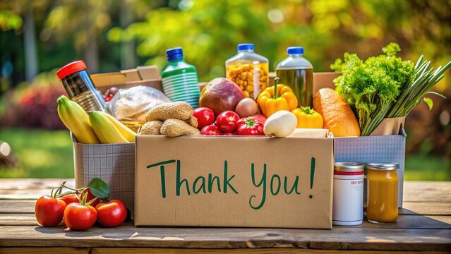 A colorful thank you sign placed on top of a overflowing box of groceries, symbolizing appreciation for food donations and community support.