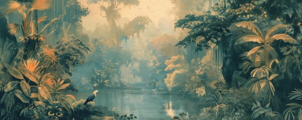 Vintage wallpaper of dense jungle with bears and macaws, pastel color, oil painting style.  © Nika