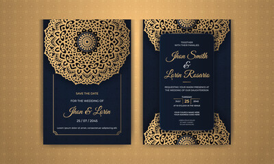 Luxury navy blue wedding invitation card with floral golden mandala and abstract pattern