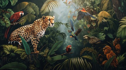 Vintage wallpaper of dense jungle with cheetahs and exotic birds, pastel color, oil painting style.  © Nika
