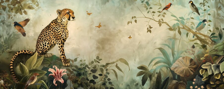 Vintage wallpaper of dense jungle with cheetahs and exotic birds, pastel color, oil painting style. 
