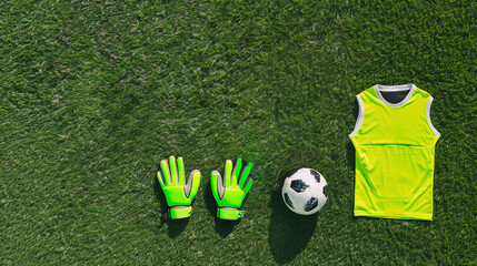 flat lay top view of soccer goalkeeper's equipment on the field