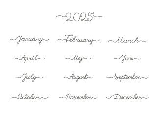 A simple calendar typography for 2025 featuring the year and all 12 months names written in elegant cursive handwriting. Made in vector for calendar or business planner projects
