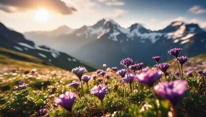 Fototapeta premium Majestic Peaks and Wild Blooms: A Stunning Rocky Mountain Plateau Scene. Generative AI