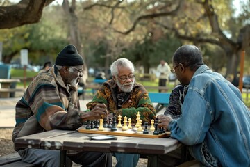 Three elderly men play chess on wooden table in park. Striped jacket man wears black hat, green and orange jacket man sits between blue jacket man. Wooden benches, tree, car visible in background.