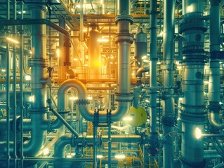 Fototapeta premium A complex network of pipes and machinery in an industrial setting. AI.