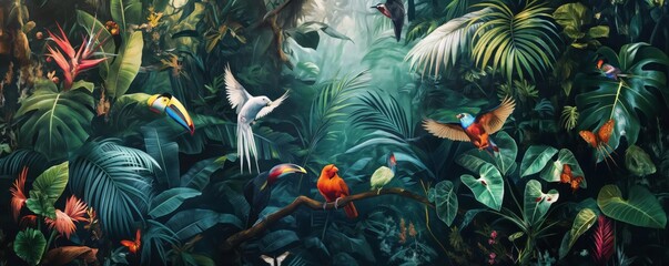 Vintage wallpaper of dense rainforest with foxes and vibrant birds, pastel color, oil painting style. 