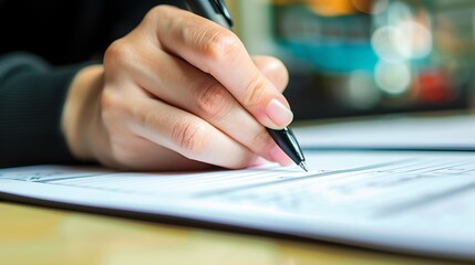 Close up of businesswoman's hand filling in a business document