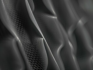 Black and white image of a crumpled metallic mesh. AI.