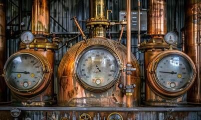 Industrial steampunk machinery with copper pipes and gauges. AI.
