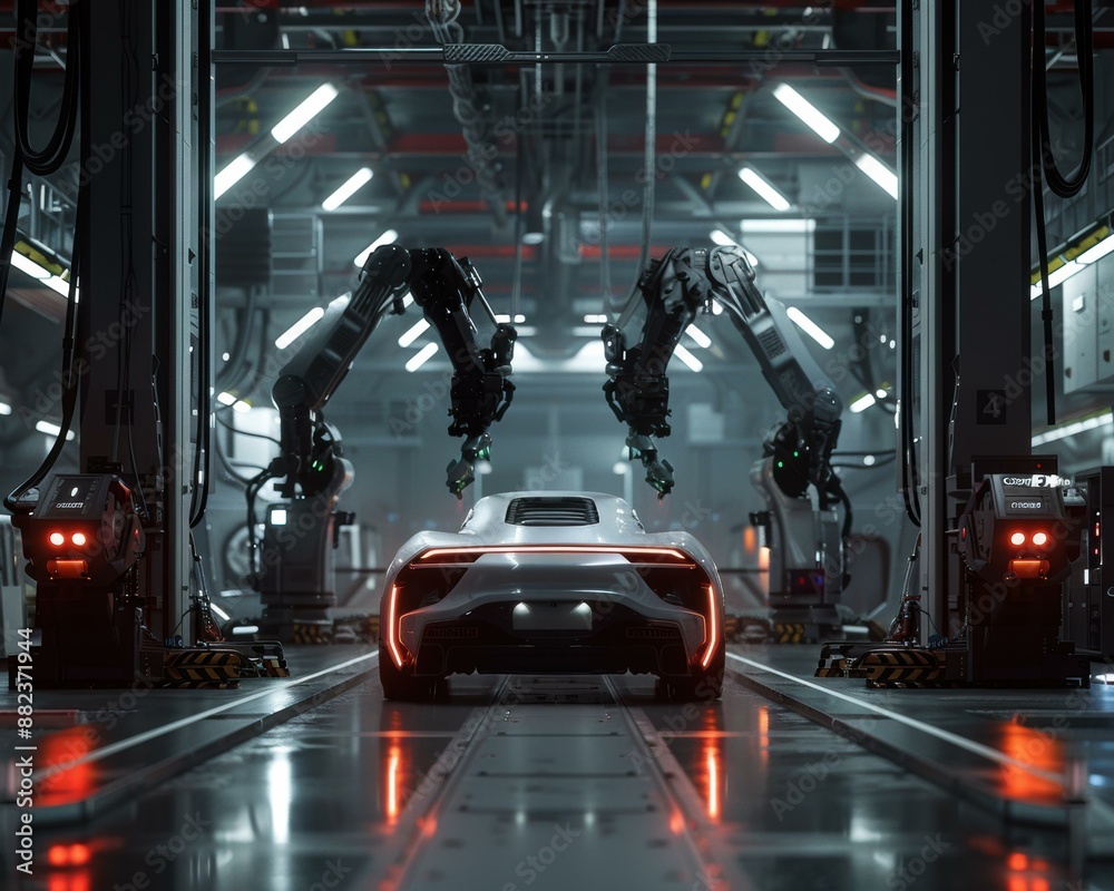 Canvas Prints A sleek white sports car is being assembled in a futuristic factory. AI.