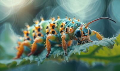 Obraz premium A green and orange caterpillar with black spots on its back is crawling on a leaf. AI.