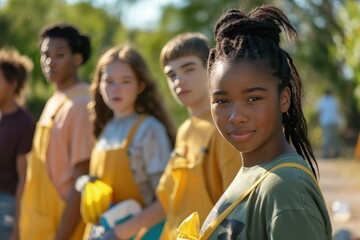 Children wear yellow aprons, participate in community clean-up event. Group of kids stand in line, smiling, holding tools. Blurred faces behind, serene natural setting with trees and blue sky.