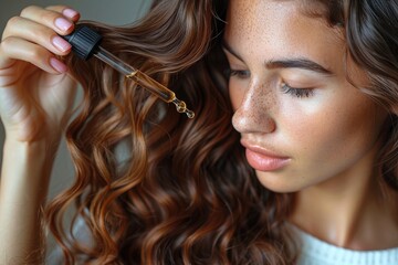 Naklejka premium Focused young woman holds and examines hair care serum with a curious expression in her home