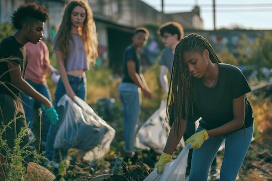 Group of teenagers from mixed ethnic backgrounds participate in community clean-up event. People pick up rubbish, wear colorful clothing, surrounded by trees and bushes in a green field.