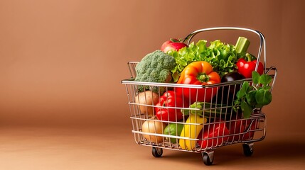 Wire shopping basket filled with grocery and vegetable on brown background