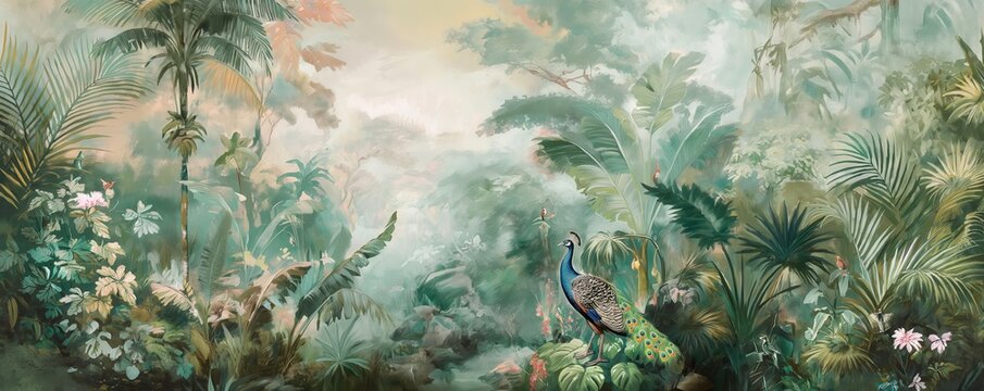 Vintage wallpaper of dense rainforest with pastel tones, depicting peacocks and lions in the background, oil painting. 