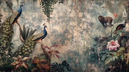 Vintage wallpaper of dense rainforest with pastel tones, depicting peacocks and lions in the background, oil painting. 