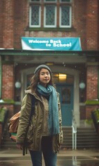 A young woman standing in front of a school building. AI.