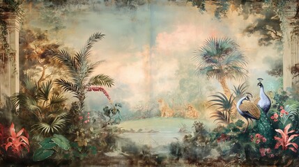Vintage wallpaper of dense rainforest with pastel tones, depicting peacocks and lions in the background, oil painting. 