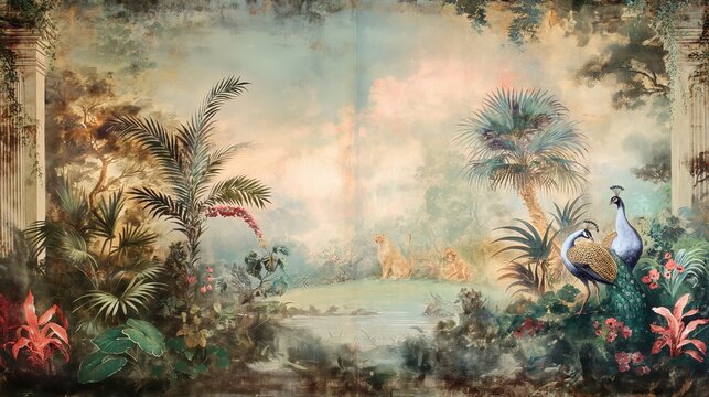 Fototapeta Vintage wallpaper of dense rainforest with pastel tones, depicting peacocks and lions in the background, oil painting. 