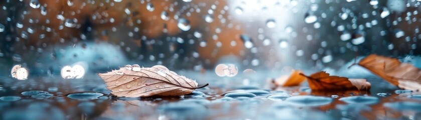 Close-up of autumn leaves on wet ground with water droplets and blurred background, capturing the essence of a rainy fall day.