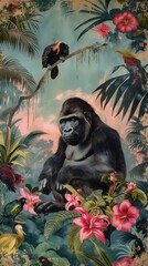 Obraz premium Vintage wallpaper of enchanted jungle with gorillas and exotic birds, pastel color, oil painting style. 