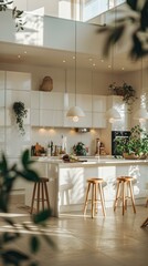 Bright and airy kitchen with white cabinets and wooden stools. AI.