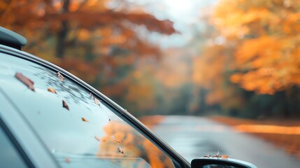 Obraz premium Side view of a car driving on an autumn road with colorful fall leaves on the window and a scenic background of vibrant trees.