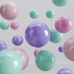 Shiny multicolored balls with different sizes on simple grey background. Glossy bubbles in empty space. Abstract ultra wide composition with chaotic floating spheres. 3d Rendering. 3d Background