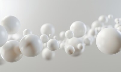 Abstract background with white spheres floating in the air on a light grey backdrop. Minimalist and modern design.  Different sized spheres. Elegant atmosphere.