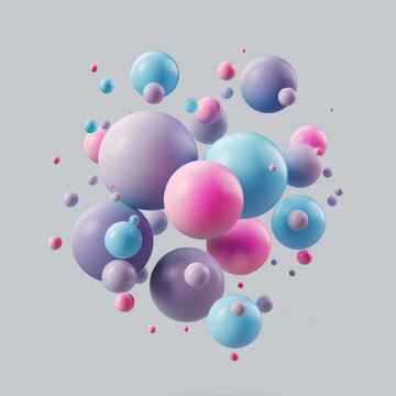 close up 3d render of abstract minimal background with matt blue, purple, fuchsia and pink spheres floating on pastel grey background.