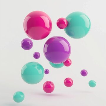 Shiny balls with different sizes on simple grey background. Glossy bubbles in empty space. Abstract ultra wide composition with chaotic floating spheres. 3d Rendering