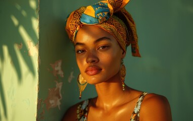 A woman wearing a colorful scarf and earrings stands in front of a green wall. The scarf is yellow and blue, and the earrings are gold. The woman has a beautiful smile on her face