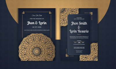 Wedding invitation card or greeting card design with golden mandala and ornate pattern black luxury background