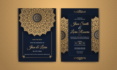 Naklejka premium Elegant luxury golden wedding invitation template design with vintage mandala and ethnic pattern