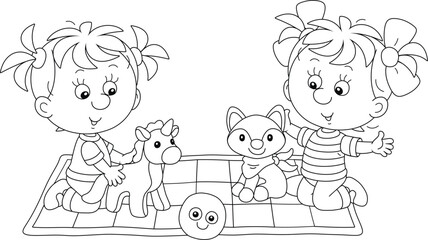 Happy little girls playing with a funny soft toy unicorn and fox on a checkered carpet in a nursery, black and white outline vector cartoon illustration for a coloring book page