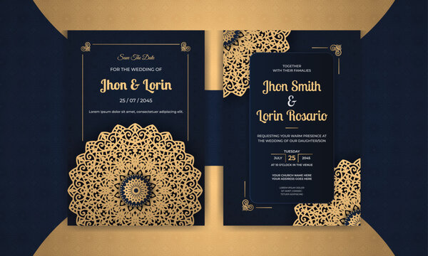Golden Wedding invitation card design with ornamental mandala on blue background