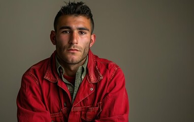 Obraz premium A man in a red jacket is sitting in front of a wall. He has a serious expression on his face