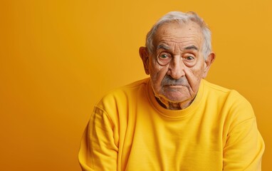 Obraz premium An old man with a mustache and glasses is wearing a yellow shirt and looking at the camera. Concept of curiosity and contemplation, as the man is deep in thought