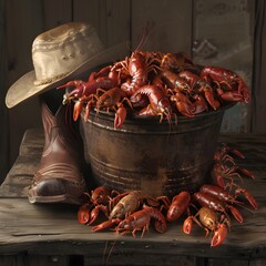Crawfish In A Bucket With Boots And Cowboy Hat on the table