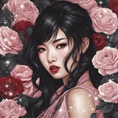 black hair girl with roses