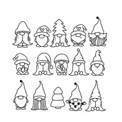 Cute outline scandinavian gnomes. Cartoon christmas gnomes for coloring page. Line art vector gnomes